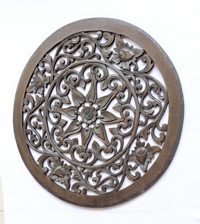 Home Decor. Wall Art. Floral Round Relief Panel Carving, "Royal Flower". Dia 20 ".