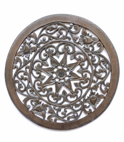 Home Decor. Wall Art. Floral Round Relief Panel Carving, "Royal Flower". Dia 20 ".