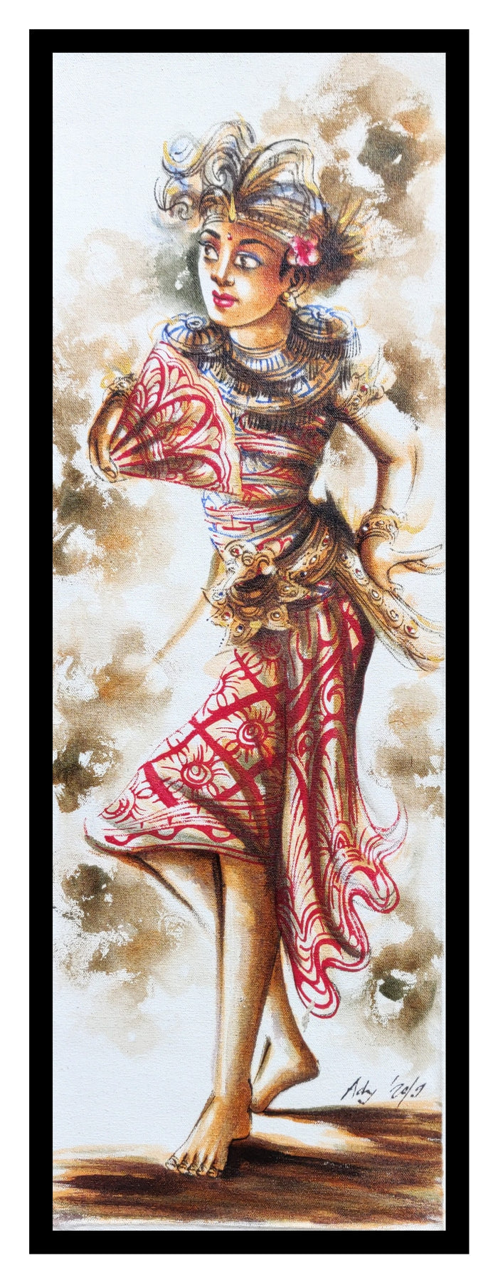 Home Decor: Wall Art. Large Artistic Traditional Balinese Legong Dancer painting. Ht 3.3 feet. Unframed.