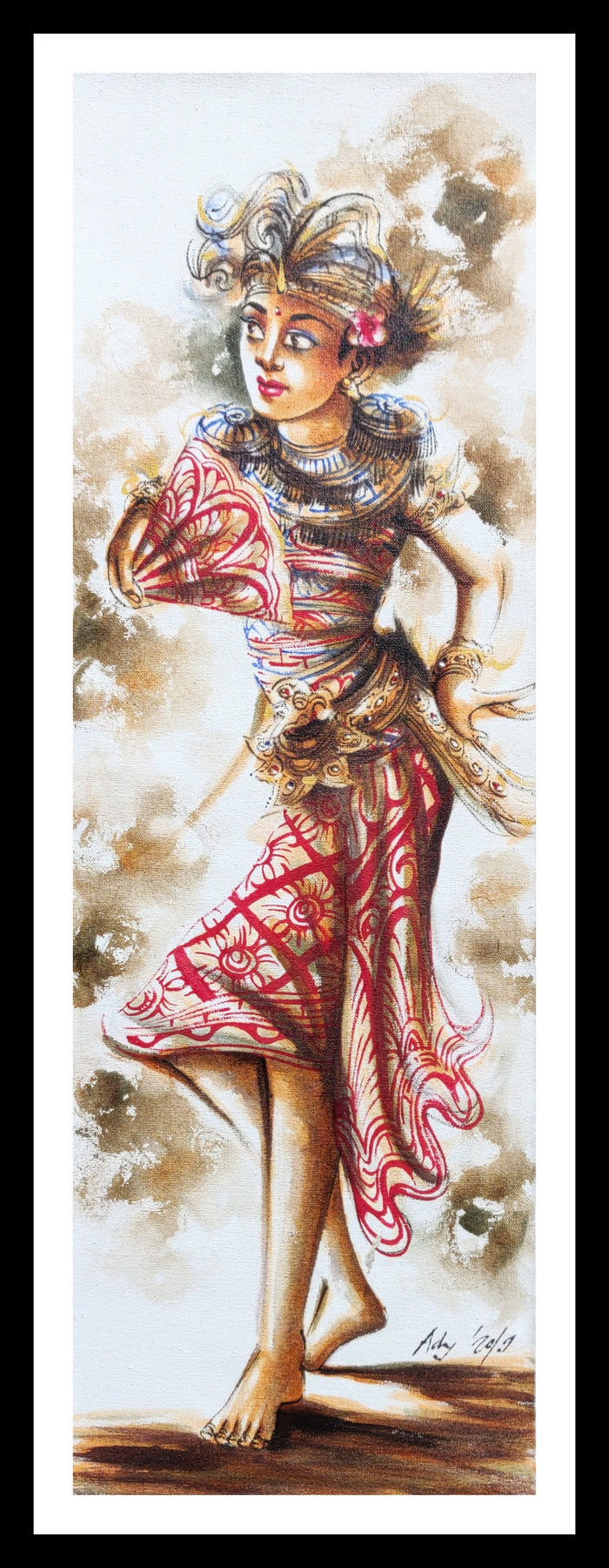 Home Decor: Wall Art. Large Artistic Traditional Balinese Legong Dancer painting. Ht 3.3 feet. Unframed.