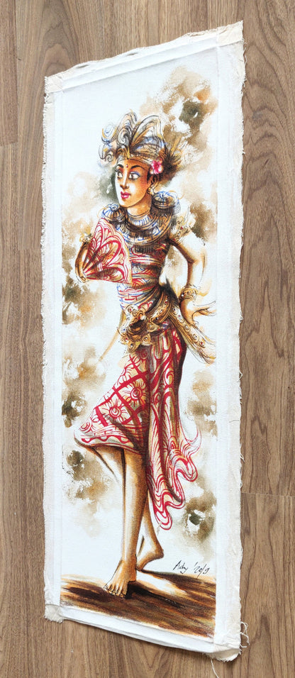 Home Decor: Wall Art. Large Artistic Traditional Balinese Legong Dancer painting. Ht 3.3 feet. Unframed.