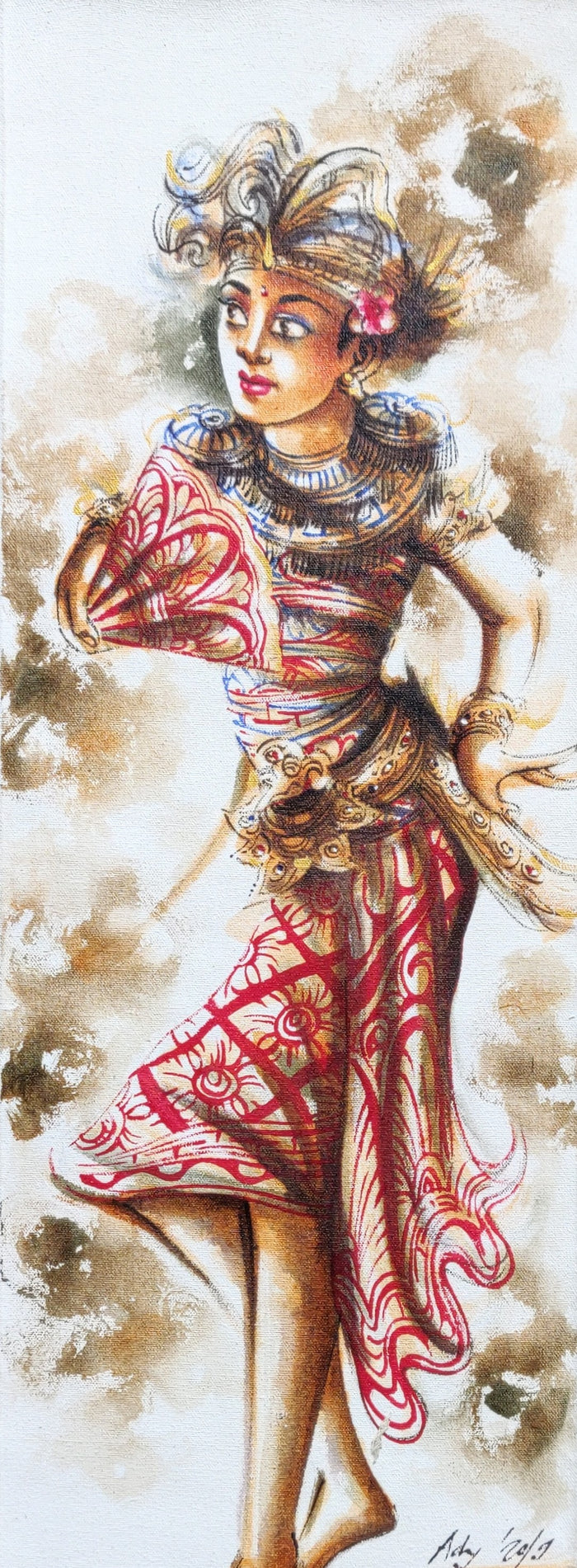 Home Decor: Wall Art. Large Artistic Traditional Balinese Legong Dancer painting. Ht 3.3 feet. Unframed.