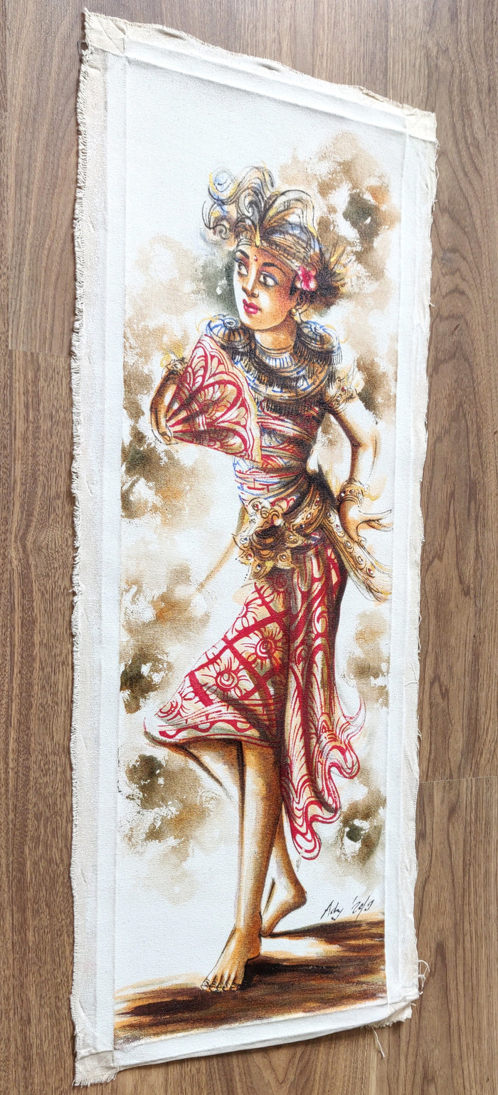 Home Decor: Wall Art. Large Artistic Traditional Balinese Legong Dancer painting. Ht 3.3 feet. Unframed.