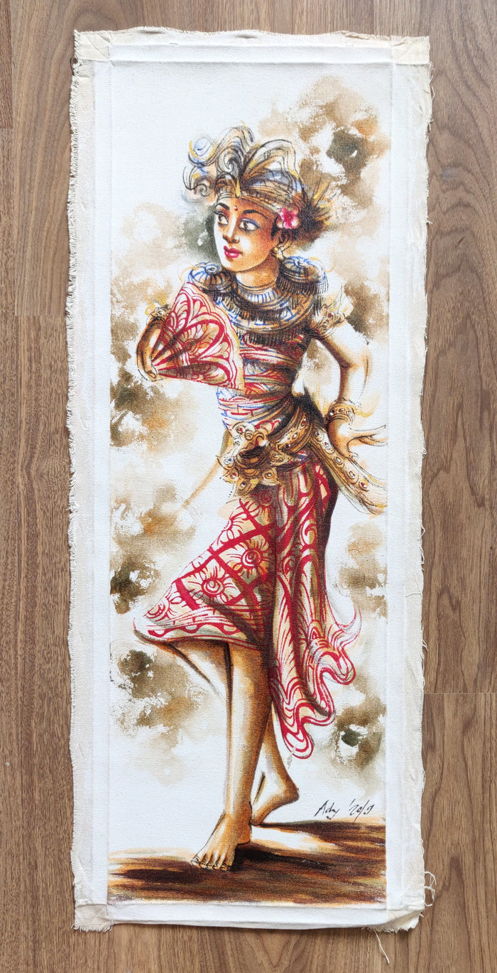 Home Decor: Wall Art. Large Artistic Traditional Balinese Legong Dancer painting. Ht 3.3 feet. Unframed.