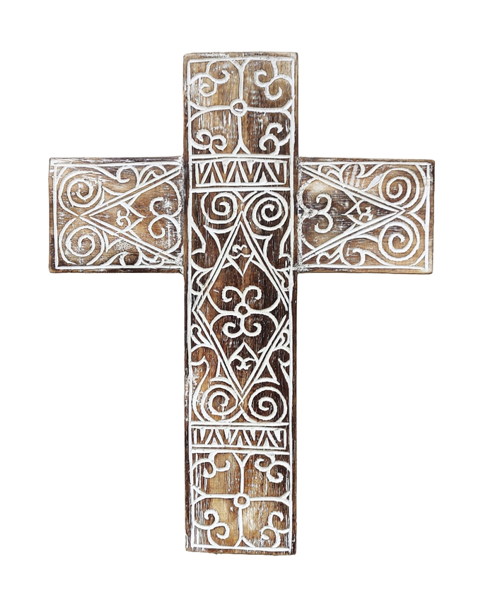 Home Decor. Wall Hanging. Carved Tribal Pattern Wooden Cross.