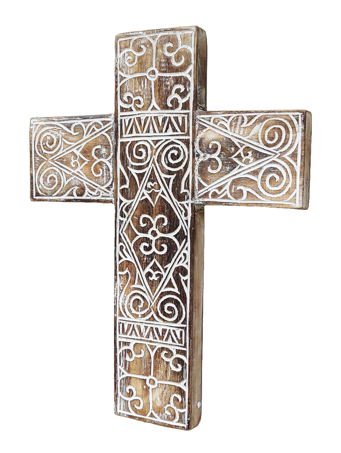 Home Decor. Wall Hanging. Carved Tribal Pattern Wooden Cross.