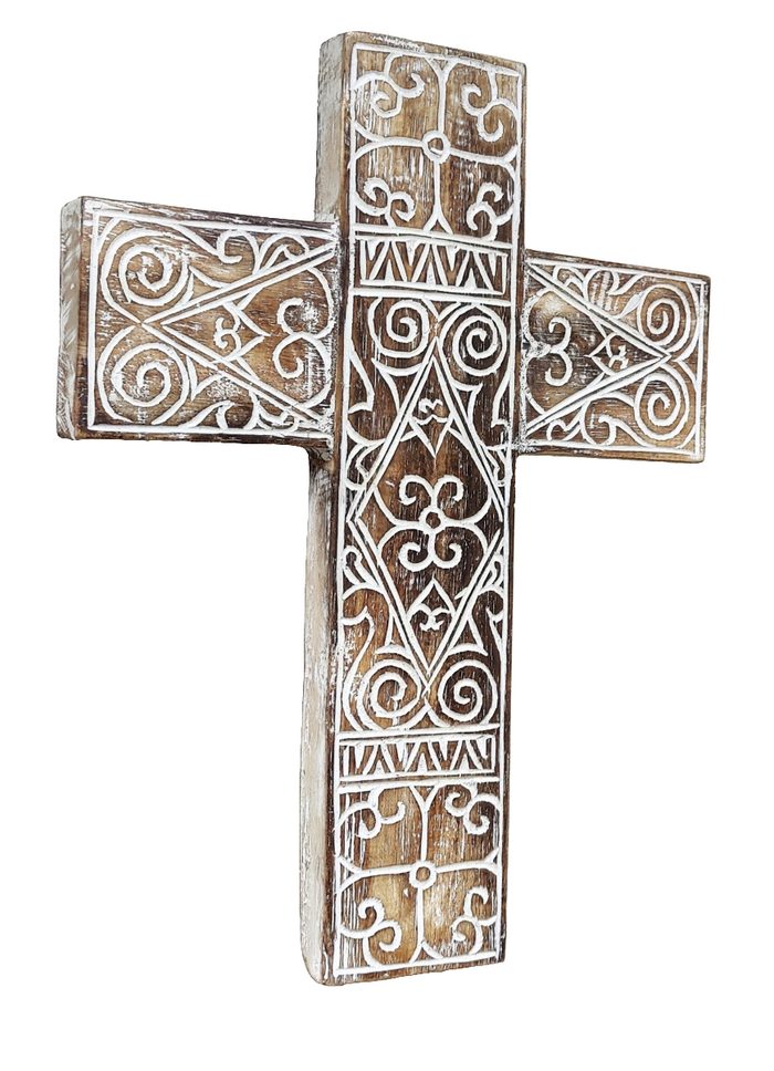Home Decor. Wall Hanging. Carved Tribal Pattern Wooden Cross.