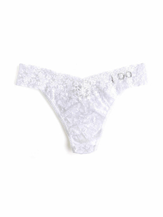 I Do Crystal Signature Lace Original Rise Thong White with crystal "I Do" lettering - Flat Lay | Hanky Panky