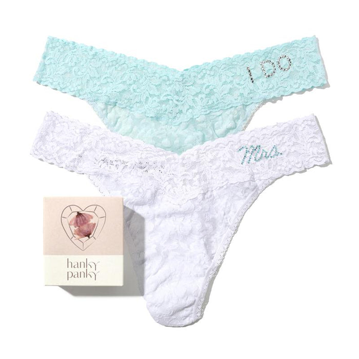 I Do & Mrs Original Rise Thong Celeste/White - Bridal Lace Thong 2-Pack with Crystal Detail | Hanky Panky