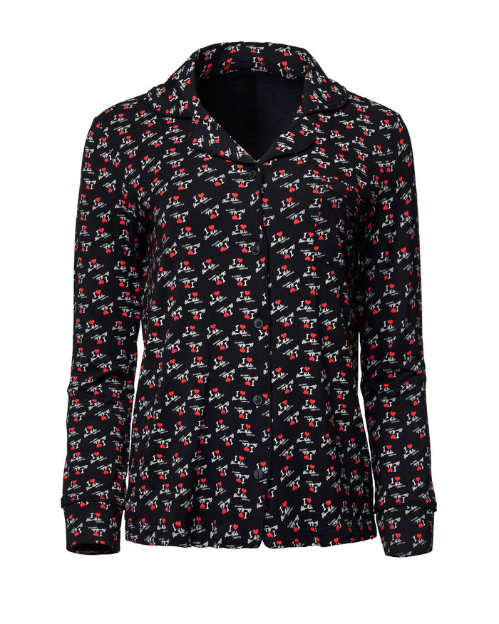Black long pajama top featuring a playful I LOVE GAL print with red and white accents, perfect for cozy nights.