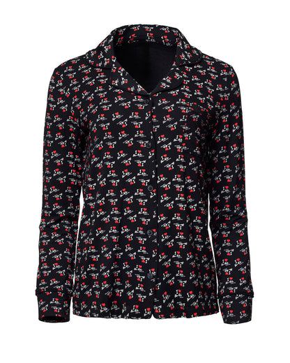 Black long pajama top featuring a playful I LOVE GAL print with red and white accents, perfect for cozy nights.