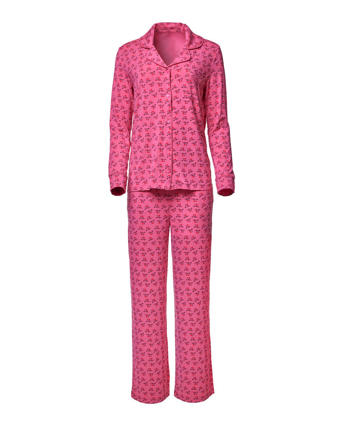 Hot pink long pajamas featuring a playful "I LOVE GAL" print, perfect for stylish comfort at home.