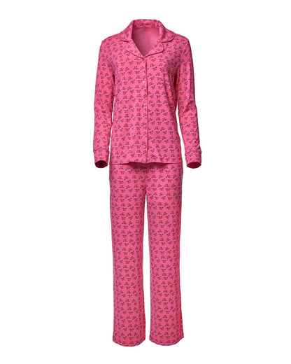 Hot pink long pajamas featuring a playful "I LOVE GAL" print, perfect for stylish comfort at home.