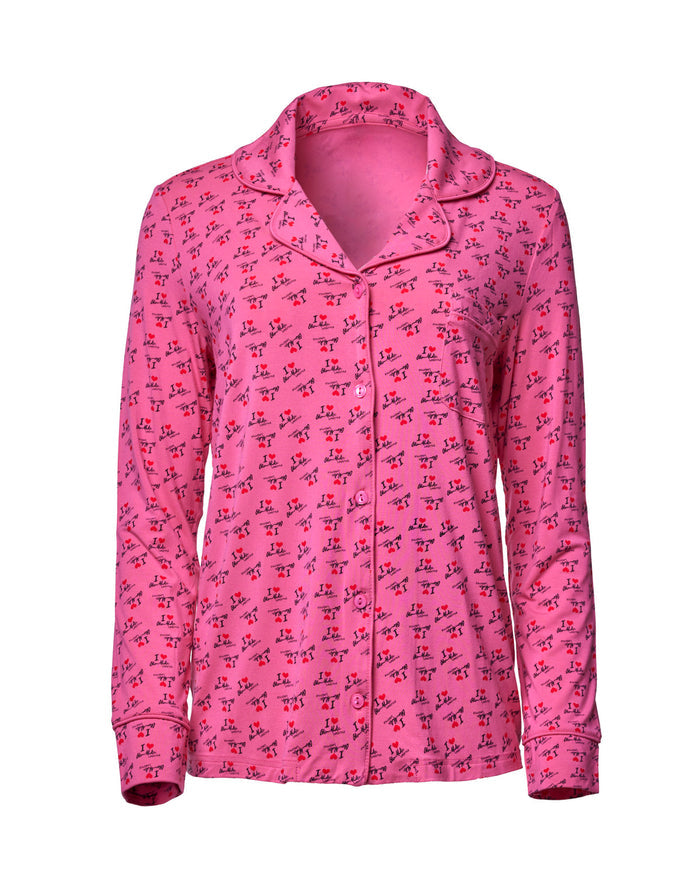 Hot pink long pajama top featuring a playful "I LOVE GAL" print, perfect for cozy nights and stylish lounging.