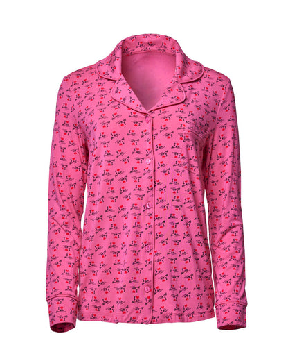 Hot pink long pajama top featuring a playful "I LOVE GAL" print, perfect for cozy nights and stylish lounging.