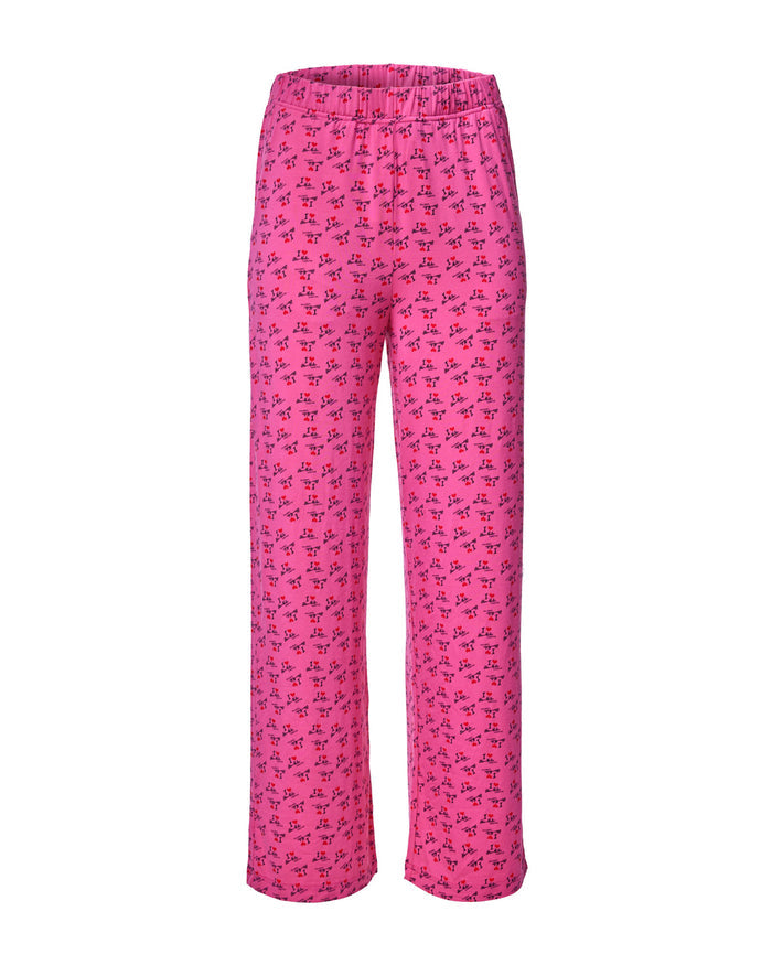 Hot pink pajama pants featuring a playful "I LOVE GAL" print, perfect for stylish and comfortable lounging.