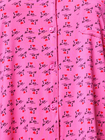 Hot pink long pajamas featuring a playful "I Love Gal" print, perfect for stylish comfort at home.