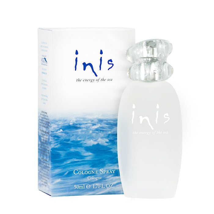 Inis EOTS cologne spray bottle and packaging, with a clear liquid visible through the transparent bottle, set against a white background.