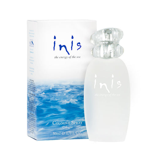 Inis EOTS cologne spray bottle and packaging, with a clear liquid visible through the transparent bottle, set against a white background.