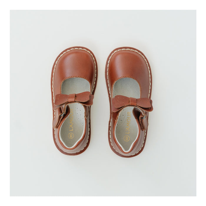Toddler Girls' Cognac  Iris Bow Strap Mary Jane Flat - L'Amour Shoes