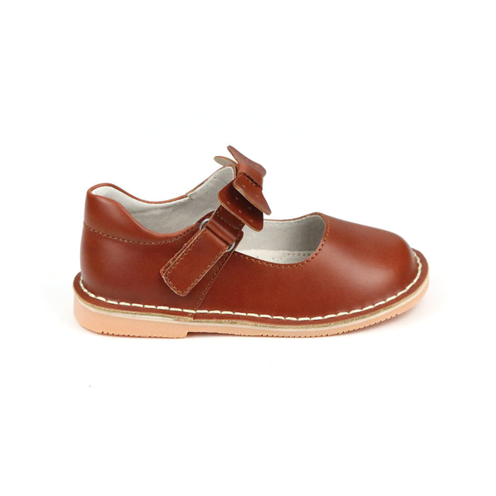 Toddler Girls' Cognac Iris Bow Strap Mary Jane Flat - L'Amour Shoes