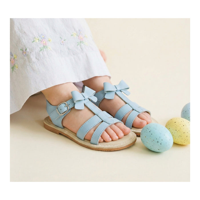 L'Amour Toddler Girls Janie Light Bluebell Blue Bow Velcro Strap Open Toe Sandal - Lamourshoes.com