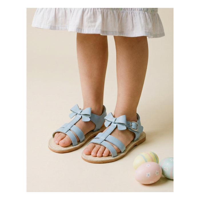 L'Amour Toddler Girls Janie Light Bluebell Blue Bow Velcro Strap Open Toe Sandal - Lamourshoes.com