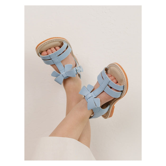 L'Amour Toddler Girls Janie Light Bluebell Blue Bow Velcro Strap Open Toe Sandal - Lamourshoes.com