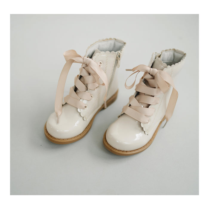 Toddler Girl's Patent Cream Combat Boot - Josephine Scallop Boot - L'Amour Shoes