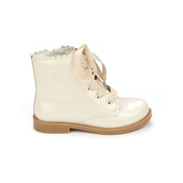 Toddler Girl's Patent Cream Combat Boot - Josephine Scallop Boot - L'Amour Shoes