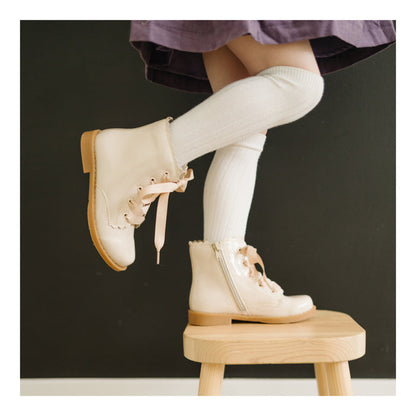 Toddler Girl's Patent Cream Combat Boot - Josephine Scallop Boot - L'Amour Shoes
