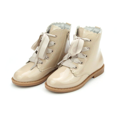 Toddler Girl's Combat Lace Up Boots - Patent Taupe color -  Josephine Boots L'Amour Shoes