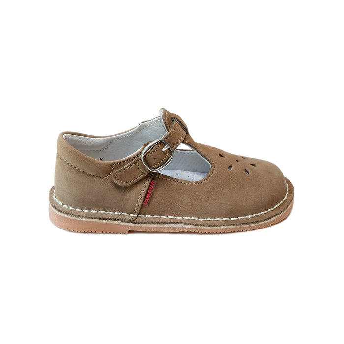 Toddler Girl's Nubuck Khaki Leather Stitch Down T-Strap Mary Jane - L'Amour Shoes - Back To School Shoes