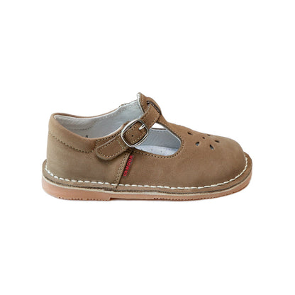 Toddler Girl's Nubuck Khaki Leather Stitch Down T-Strap Mary Jane - L'Amour Shoes - Back To School Shoes