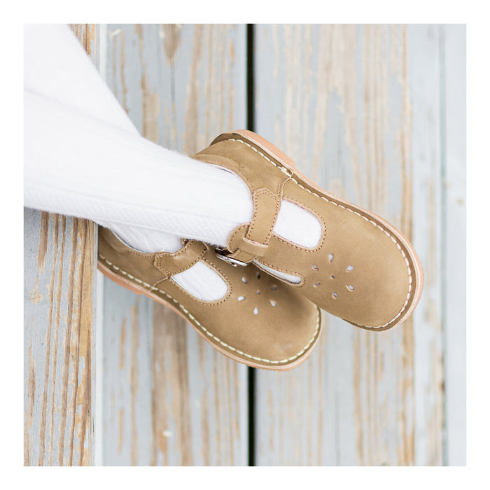 Joy Classic Nubuck Khaki Leather Stitch Down T-Strap Mary Jane - L'Amour Shoes