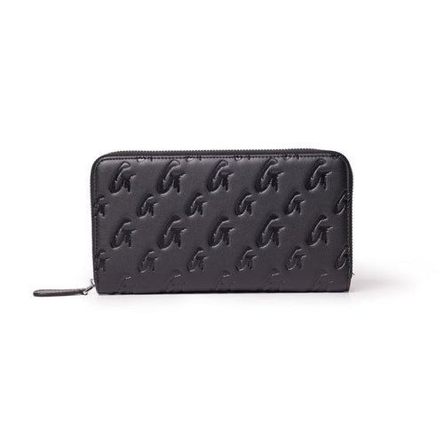 Black matte wallet with embossed jumbo monogram G pattern, zip-around closure, and sleek design.