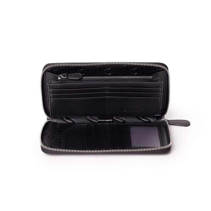 Open black matte jumbo monogram wallet with multiple card slots, a zippered coin pocket, and a clear ID window inside.