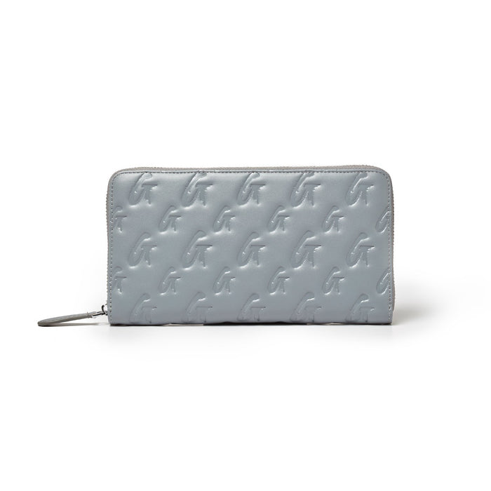 Gray jumbo monogram wallet with embossed G pattern, zipper closure, and wrist strap on a white background.