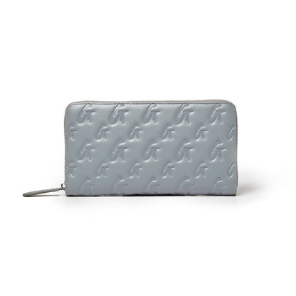 Gray jumbo monogram wallet with embossed G pattern, zipper closure, and wrist strap on a white background.