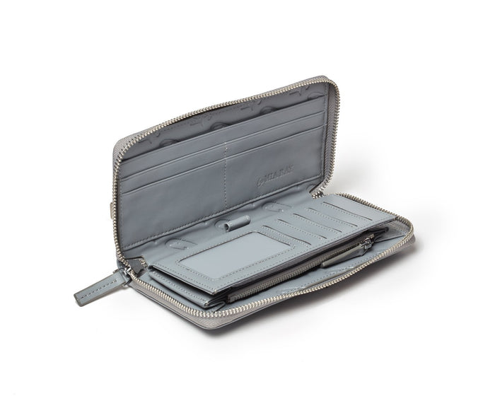 Gray jumbo monogram wallet with multiple card slots, a zippered coin pocket, and a sleek interior design.