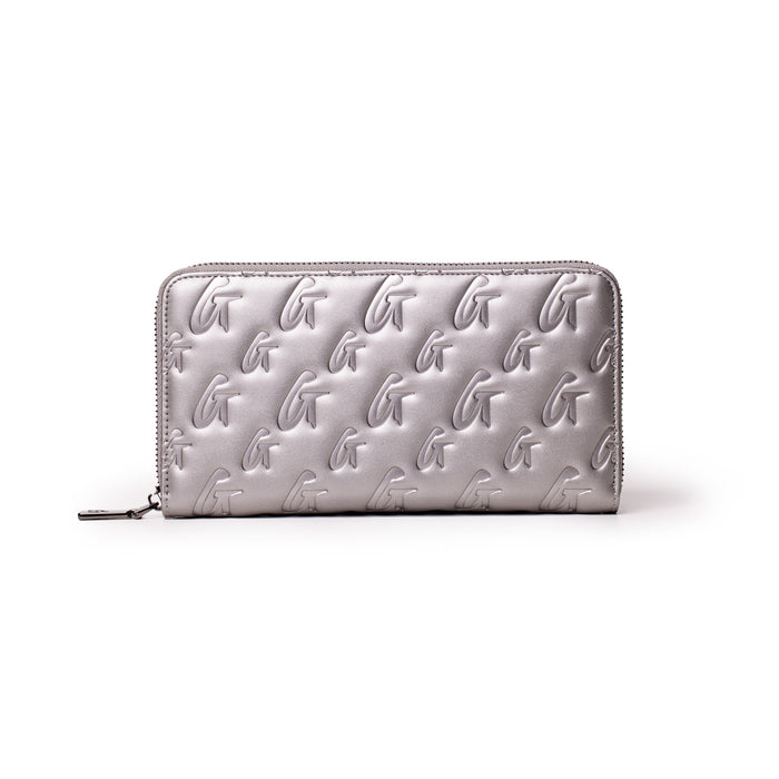 Platinum jumbo monogram wallet with embossed G pattern, silver color, zip-around closure, sleek and spacious design.