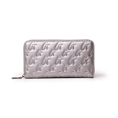 Platinum jumbo monogram wallet with embossed G pattern, silver color, zip-around closure, sleek and spacious design.