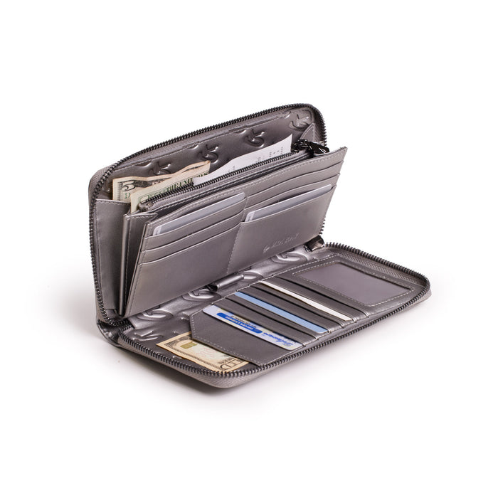 Open gray wallet with multiple card slots, cash compartment, and interior zip pocket, featuring a monogram pattern and silver accents.