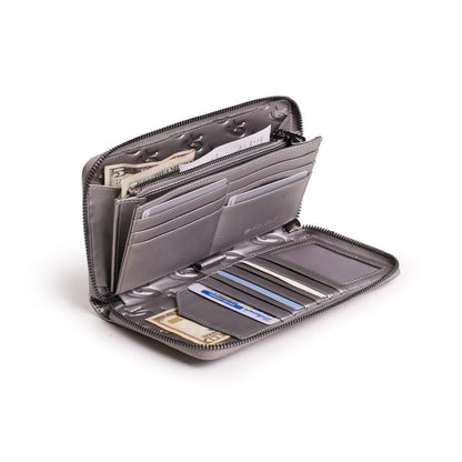 Open gray wallet with multiple card slots, cash compartment, and interior zip pocket, featuring a monogram pattern and silver accents.