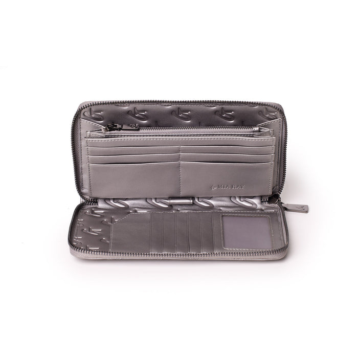 Open platinum-colored wallet with multiple card slots, zippered coin pocket, and interior branding, designed by Mia Ray.
