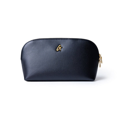 Black jumbo pebble cosmetic pouch with a gold "G" logo and a gold zipper, designed for stylish storage.