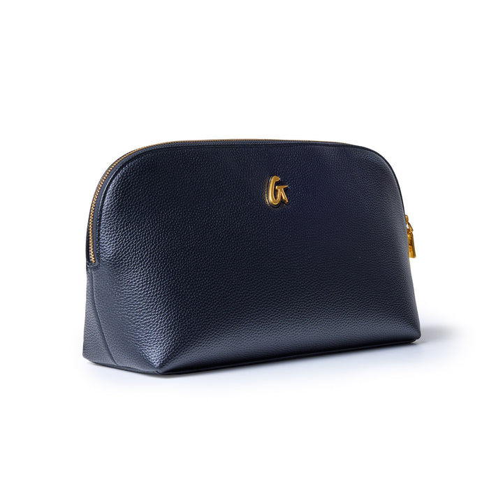 Black jumbo pebble cosmetic pouch with gold zipper and logo, stylish and spacious for makeup or accessories.