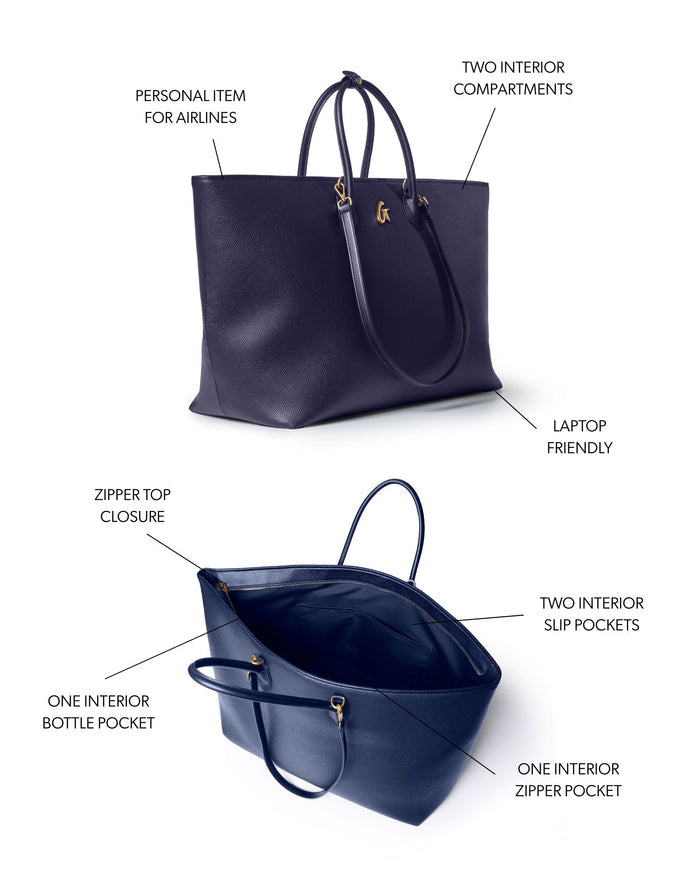 Navy jumbo pebble tote bag featuring a zipper top closure, laptop-friendly design, and multiple interior pockets.