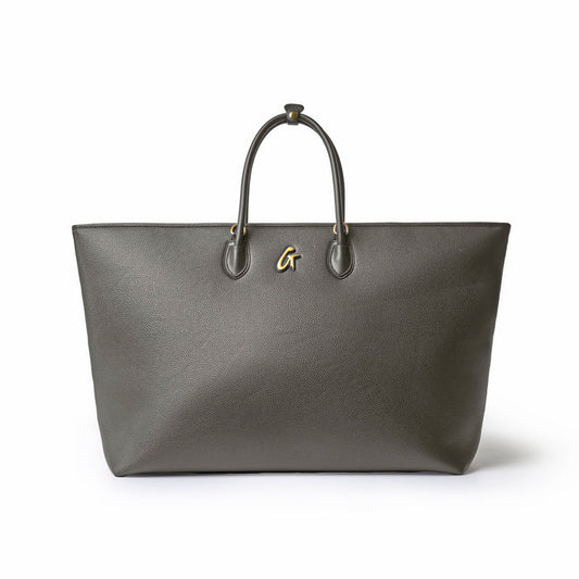 Olive green jumbo pebble tote bag with dual handles and embossed logo, perfect for stylish everyday use.