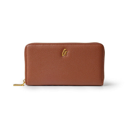Brown Jumbo Pebble Wallet featuring a textured exterior and gold logo detail, ideal for stylish organization.